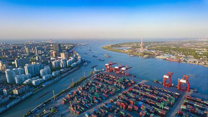 aerial view of dock in shanghai - obrazy, fototapety, plakaty