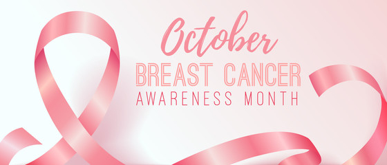 Realistic pink ribbon, october breast cancer awareness month. Banner, information poster design, template with symbol. Vector illustration.