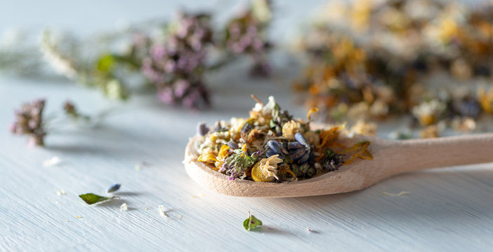 Getrocknete Kräuter und Blüten auf einem Holzlöffel-Homöopathie, alternative Küche