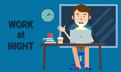  tired man working on the laptop. Eat noodles and coffee at night