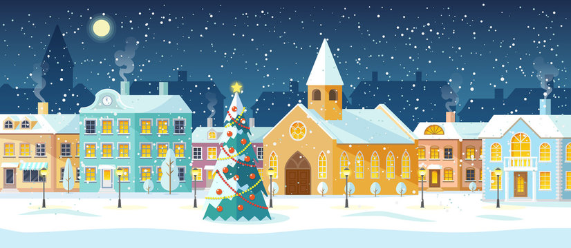 Winter cityscape, snowy street with Christmas tree. New Year urban landscape, Christmas time, snowfall, church, cozy houses with chimneys. Vector illustration in flat style.