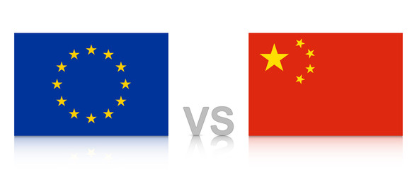 EU versus China. The European Union against the People's Republic of China. National flags with reflection. Vector Illustration EPS 10