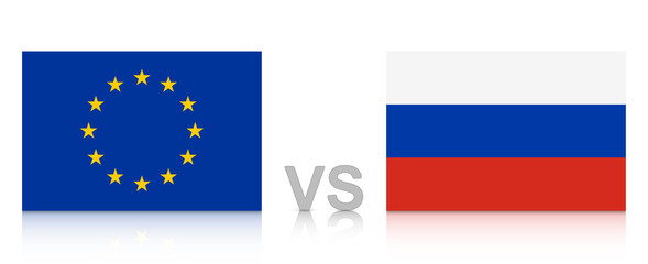 EU versus Russia. The European Union against the Russian Federation. National flags with reflection. Vector Illustration EPS 10