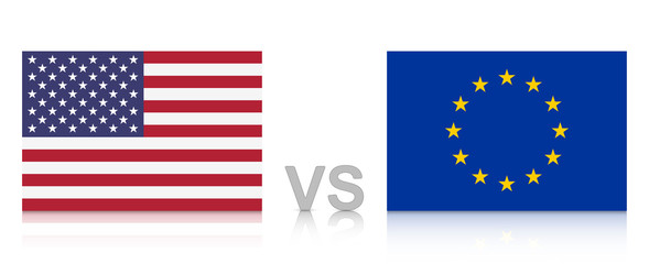 USA versus EU. The United States of America against the European Union. National flags with reflection. Vector Illustration EPS 10