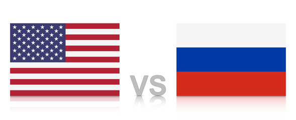 USA versus Russia. The United States of America against the Russian Federation. National flags with reflection. Vector Illustration EPS 10