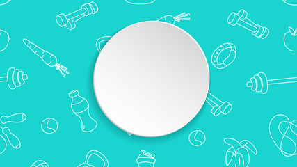 Fitness banner with hand drawn gym pattern and 3d paper plate. Doodle icons for healthy workout and exercise. Sport lifestyle line art. Stylish fitness banner for sales, special offers, flyers and ad.