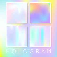 Holographic foil backgrounds set. Multicolor gradient backdrop with holographic foil. 90s, 80s retro style. Iridescent graphic template for brochure, flyer, poster, wallpaper, mobile screen.