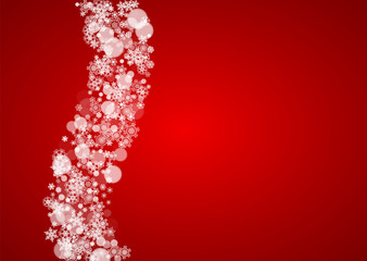 Christmas snow on red background. Santa Claus colors. Horizontal frame for winter banner, gift coupon, voucher, ad, party event. New Year and Christmas snow design. Falling snowflakes for celebration