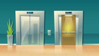 Vector cartoon illustration of empty hallway with elevators - closed doors and open. Modern interior of skyscraper, building. Metallic grey lift, steel frame. Tile floor in vestibule. © vectorpocket