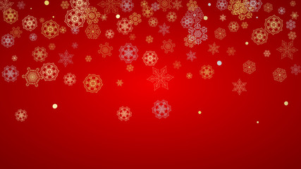 Christmas snow on red background. Glitter frame for winter banners, gift coupon, voucher, ads, party event. Santa Claus colors with golden Christmas snow. Horizontal falling snowflakes for holiday