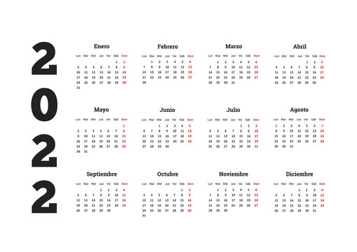 2022 year simple calendar in spanish, isolated on white