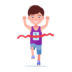 Cartoon boy running and winning a marathon