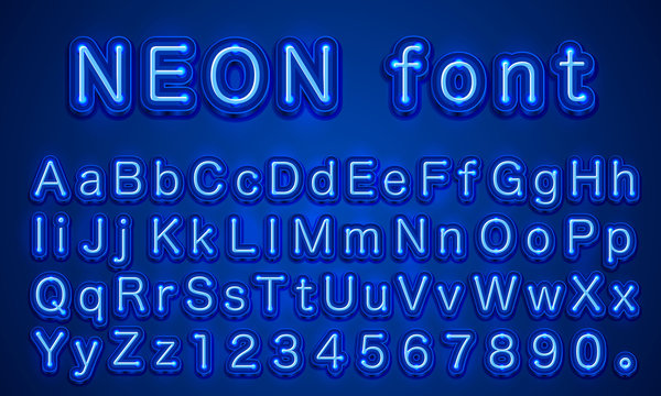 Neon city color blue font. English alphabet and numbers sign. Vector illustration