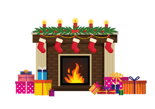 New Year's traditional fireplace. Christmas brown brick fireplace with such decorations as socks of a candle spruce branches, garland and gifts. Isolated Vector Illustration