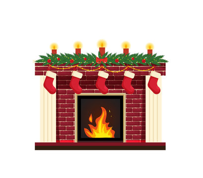 New Year's traditional fireplace. Christmas red brick classic fireplace with decorations as socks, candle  garland. Isolated Vector Illustration