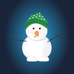 Snowman with hands of twigs and a nose of carrots in a green knitted hat with a pattern of white snowflakes. Winter. Vector landscape