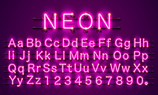 Neon banner text. Neon font city color purple, Alphabet font. Vector illustration