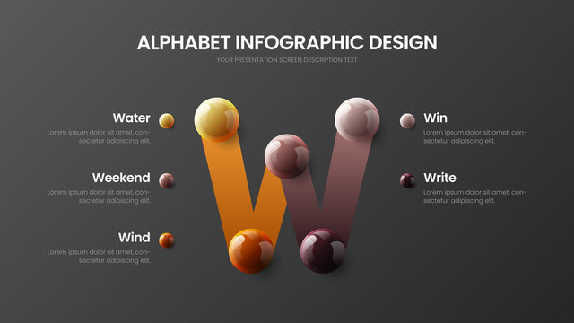 Amazing vector alphabet 5 option infographic 3D realistic colorful balls presentation. Bright multicolor character design illustration layout. Modern art W symbol graphics visualization template.