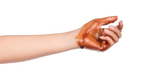 Hand show dirty with lubricator oil isolated On White Background
