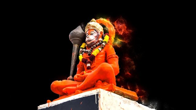 Hindu god Hanuman magically praying.  Hindu God Hanuman idol, Particles animation, 