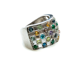 Ring with differet color gemstone on whit background