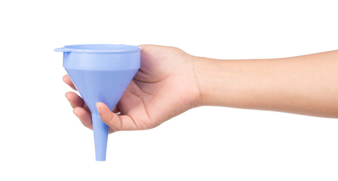 hand holding plastic Kitchen funnel isolated on white background