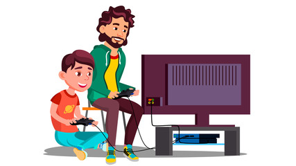 Father And Son Play Video Games Sitting Together Vector. Isolated Illustration