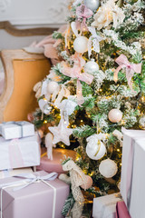 Christmas gift or present box wrapped in kraft paper