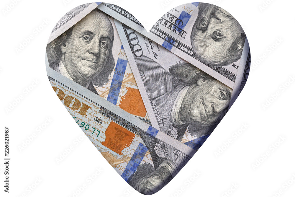 Wall mural heart made of one hundred dollars banknotes isolated on white