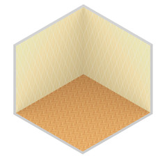 3d isometric rendering illustration of empty room with wooden floor and yellow wallpaper