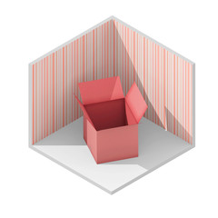 3d isometric rendering illustration of open empty red box