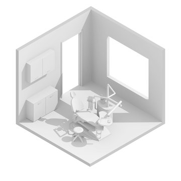 3d isometric rendering illustration of white dental chair room