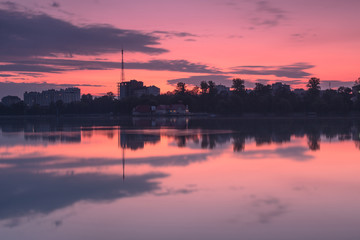 View on Ivano-Frankivsk city form the lake at sunrise