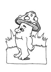 A funny and smiling Mushroom character in black and white. Nice for fairy tales. Vector illustration