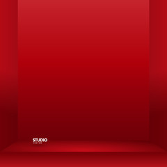 Empty vivid red color studio table room background ,product display with copy space for display of content design.Banner for advertise product on website