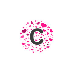 C Letter logo design with pink hearts, valentine day concept