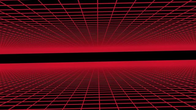 Red wireframe moving closer towards camera and rotating 180 degrees.  Animation of moving red wireframe planes with black and white mask.