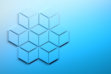 Large hexagon made of seven smaller hexagons composed of rhombuses. Hexagon over flat surface. Image in blue colors with copy blank space for text. 3d illustration.