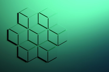Large green hexagon made of seven smaller hexagons composed of rhombuses. Hexagon over flat surface. Image in green colors with copy blank space for text. 3d illustration.
