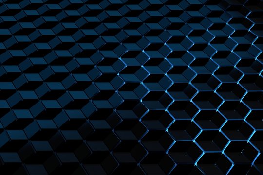 Futuristic background with a pattern of hexagons cubes illuminated by blue light. Optical illusion pattern. 3d illustration.