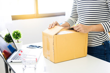 e-commerce delivery concept and online selling start up small business owner packing in the card box at workplace. freelance woman seller prepare product for packaging process at shop