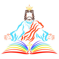 King Jesus, an open book with rainbow pages and a cross