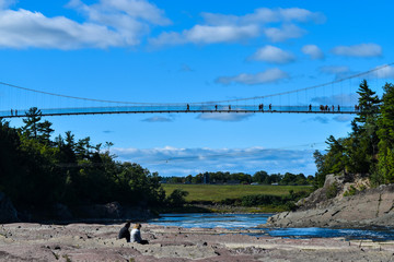 Couple watching the landscape with suspension bridge