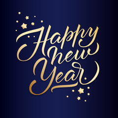 Happy new year postcard with nice lettering Happy New Year in gold color