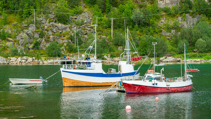 Boats on Ersfjorden in Ersfjordbotn village, Troms County in Norway