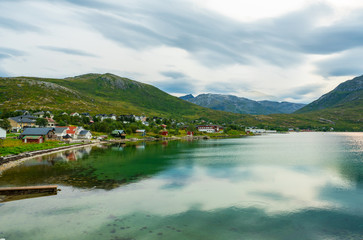 Panoramic view of Ersfjorden and Ersfjordbotn village, Troms County in Norway