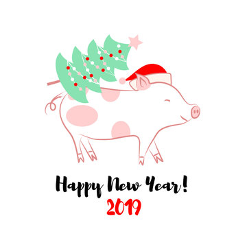 Vector Illustration. Template greeting card with text "Happy New Year! 2019". Icon of pig with christmas tree, present.