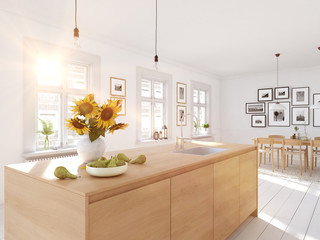 modern nordic kitchen in loft apartment. 3D rendering