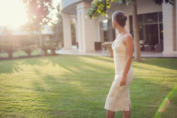 Fototapeta premium Happy woman enjoying beautiful serene morning.