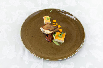 Exquisite food. Dish. Restaurant. Menu. Order. Exquisite dish, creative restaurant meal concept, haute couture food.